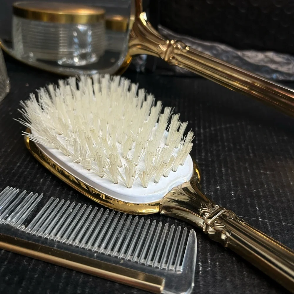 Vintage Vanity 5pc Dressing Table Set Mirror Brush Comb 2 Jars: Gold, Floral